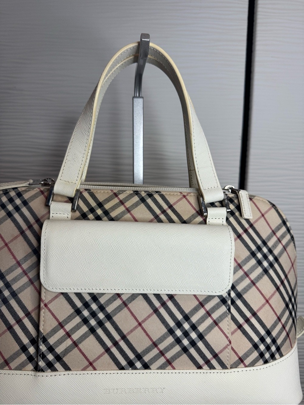 Beige Check Satchel with Cream Leather Trim - Picture 2 of 16